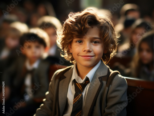 Portrait of a cute little schoolboy in the auditorium. Generative AI