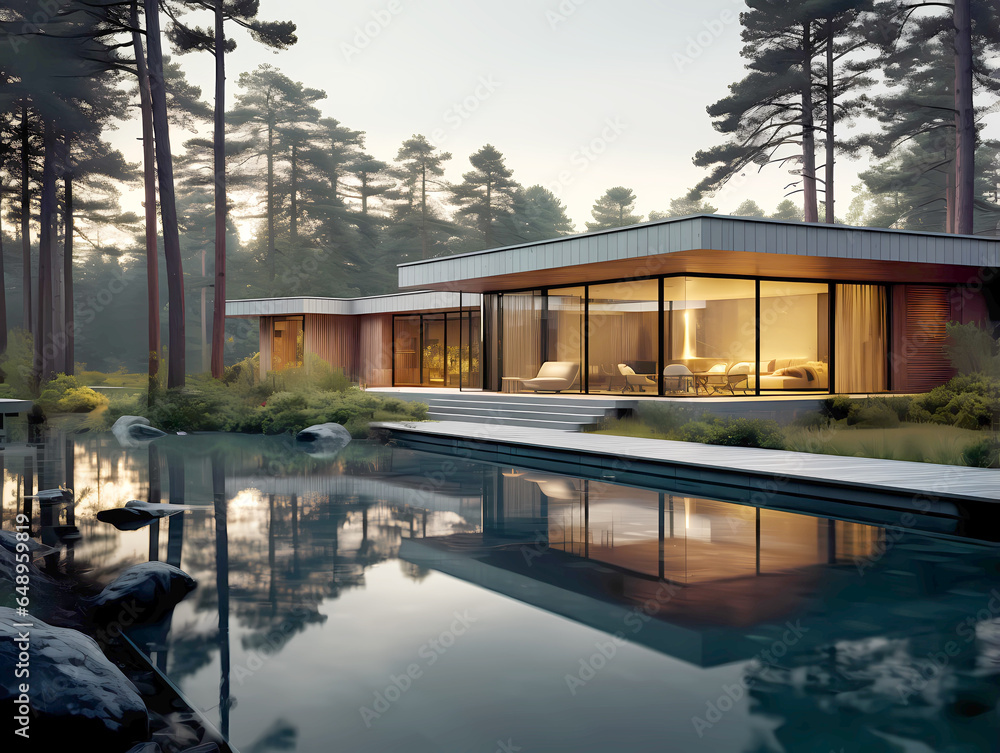 Obraz premium Minimalist modern tiny home in the forest. glass walled rural house with swimming pool. 