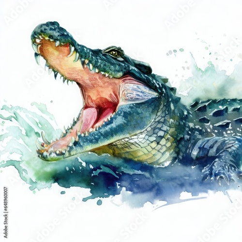 Watercolor image of a crocodile with its mouth open  its teeth bared  its fierce expression created with AI.