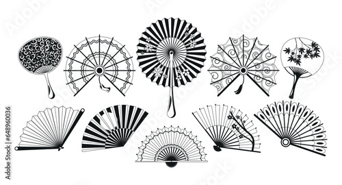 Black and White Asian Fans Isolated Icons. Elegant, Handcrafted Treasures Made Of Delicate Materials Vector Illustration