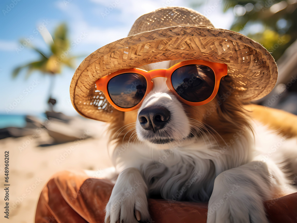 Dog on the beach in orange sunglasses and straw hat sunbathing at the ocean