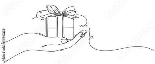 Human hand holding gift box line art vector illustration. line art drawn surprise. Birthday symbol