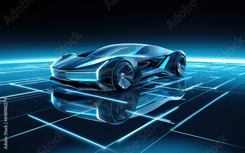 A sports car with a cool technological background,created with generative ai tecnology. © henvryfo