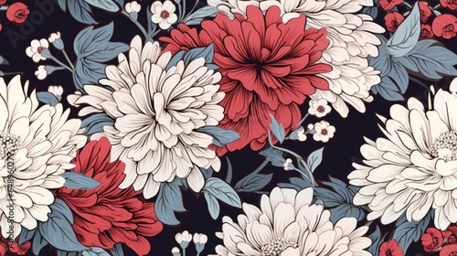 Vintage floral seamless pattern inspired by Japanese kimono designs, elegant cherry blossoms, chrysanthemums, and lotus flowers in traditional color schemes