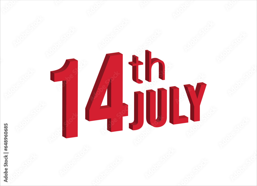 14th july , Daily calendar time and date schedule symbol. Modern design, 3d rendering. White background. 14th july , Daily calendar time and date schedule symbol. Modern design, 3d rendering. White background.