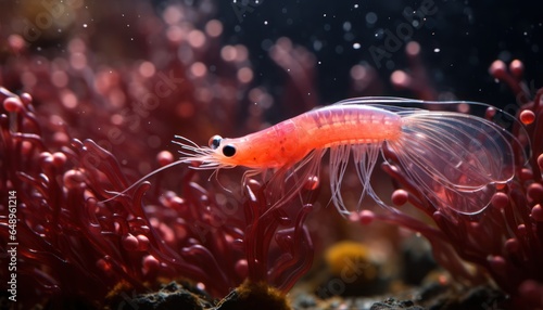 Photo of a vibrant red antarctic krill gracefully swimming in the sea