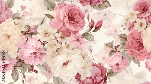 Vintage floral seamless pattern, romantic and shabby chic vibe, faded roses, peonies, and hydrangeas in soft and dusty pastels 