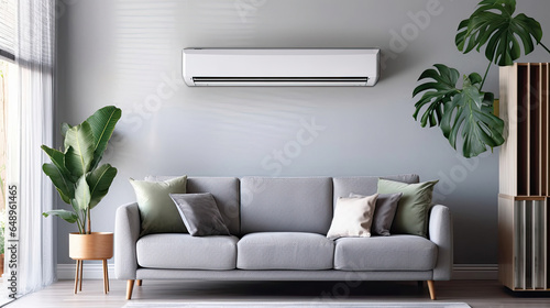 Air conditioner on white wall in living room with stylish grey sofa. Generative Ai