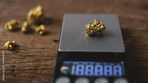 man's hand uses white tweezers to pick up a lump of pure gold ore from a mine and place it on a digital scale to see the gold's weight.