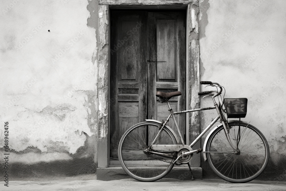 old bicycle in front of house