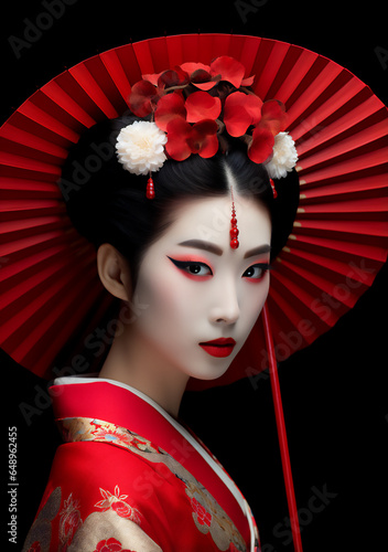 Stunning Portrait of a Young Maiko (Geisha) in Japan with Meticulous Face Paint and Contemporary Fashion - Celebrating Traditional Art and Craftsmanship. Generative AI.