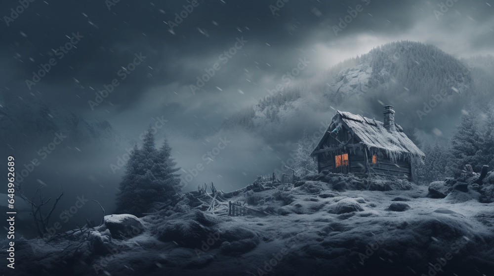 House in the mountains during a snowstorm - obrazy, fototapety, plakaty 