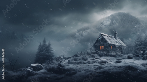 House in the mountains during a snowstorm