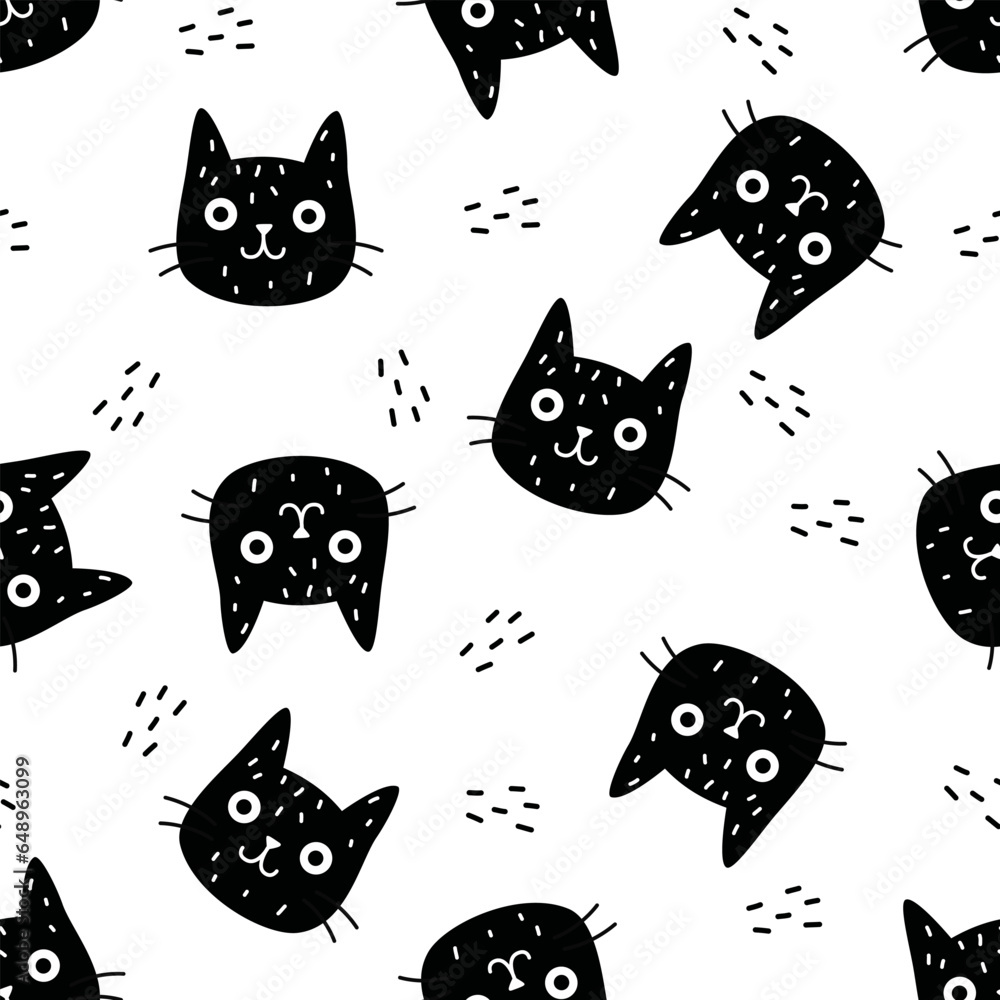 Seamless vector pattern. Cute faces of cats in black and white colors. Funny cats for printing on children's products . Vector illustration