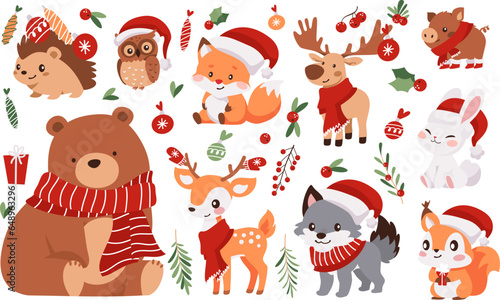Vector Christmas Set. Cute animals in Christmas costumes, Santa Claus hats, scarves and mittens. Spruce branches, Christmas balls and presents. Bear deer hare wolf owl squirrel fox elk hedgehog wild