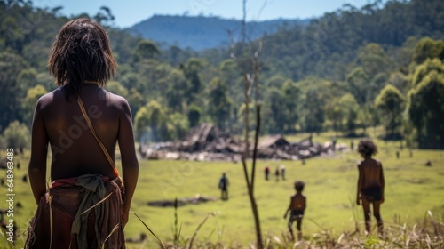 Indigenous community in their Amazon forest surroundings, contrasted with a cleared land in the background, Amazon ecosystem destruction  photo