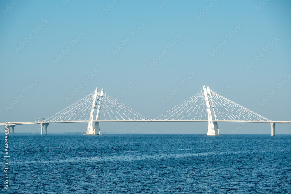 Obraz premium White concrete cable-stayed bridge on supports across the bay.