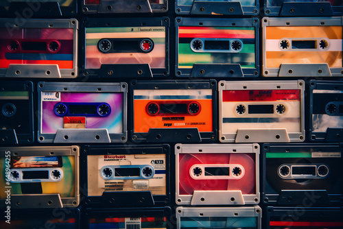 Foto Set of old audio cassettes on red background