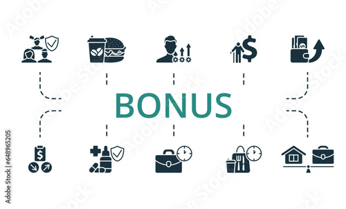 Bonus set. Creative icons: social security, food and beverage, skills development, pension, pay raise, stock options, health insurance, working hours, meal break, work life balance.
