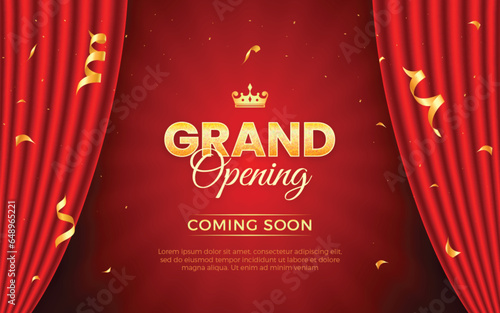 Realistic grand opening invitation banner with red curtains, golden elements and 3d editable text effect