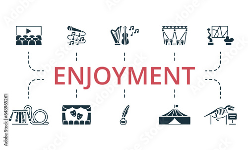Enjoyment set. Creative icons: cinema hall, karaoke, philharmonic, concert, exhibition, amusment park, theatre, inkwell, circus, museum.