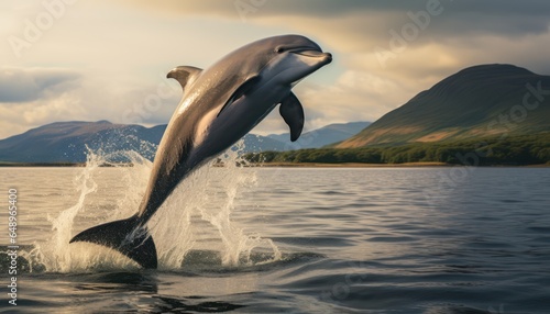 Fényképezés Photo of a majestic bottlenose dolphin leaping out of the crystal clear ocean wa