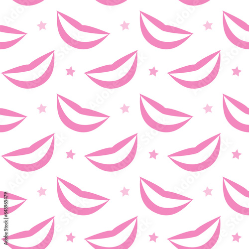 Pattern of pink lips with little stars on white background.  Pink big smile with white teeth seamless  vector pattern