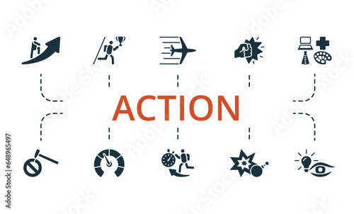 Action set. Creative icons: ascent, solid start, speed, power hit, scope, breaking limits, indicator, acceleration, exploding, acumen.