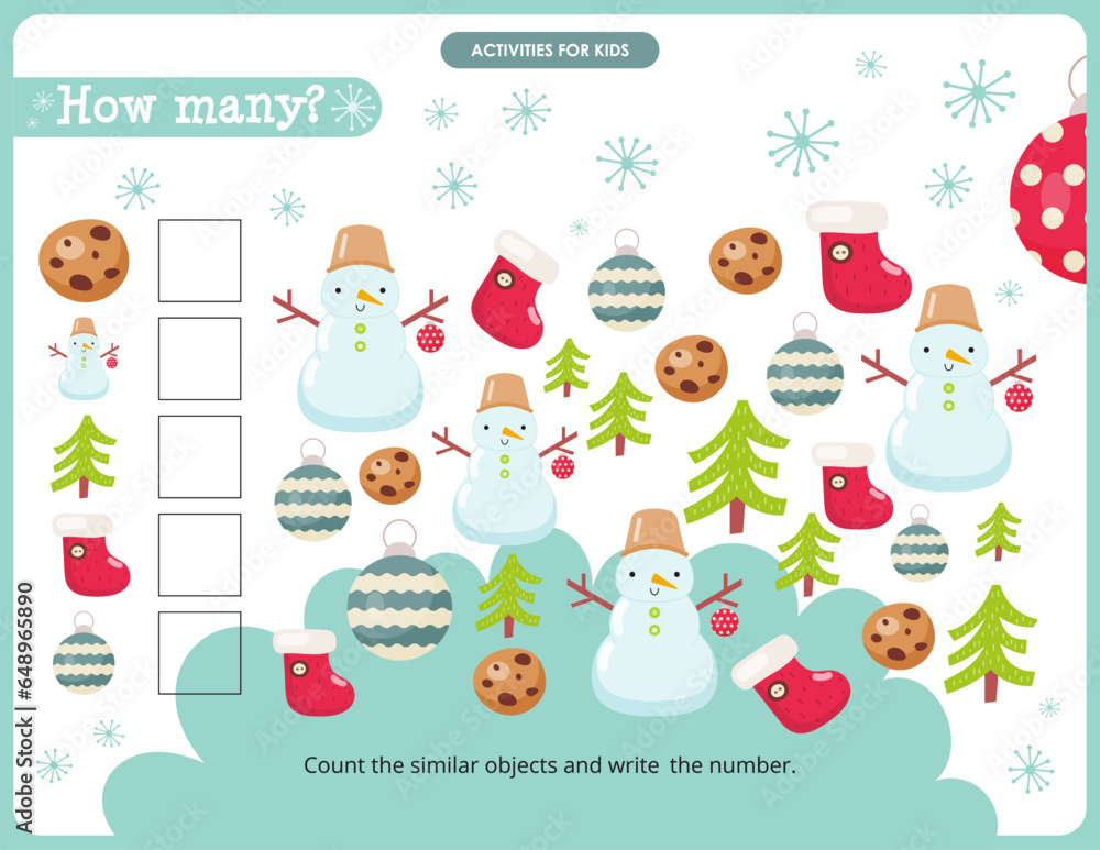 Christmas Gnomes math activities for kids. How many. Count the number of Christmas Decorations. Vector illustration.