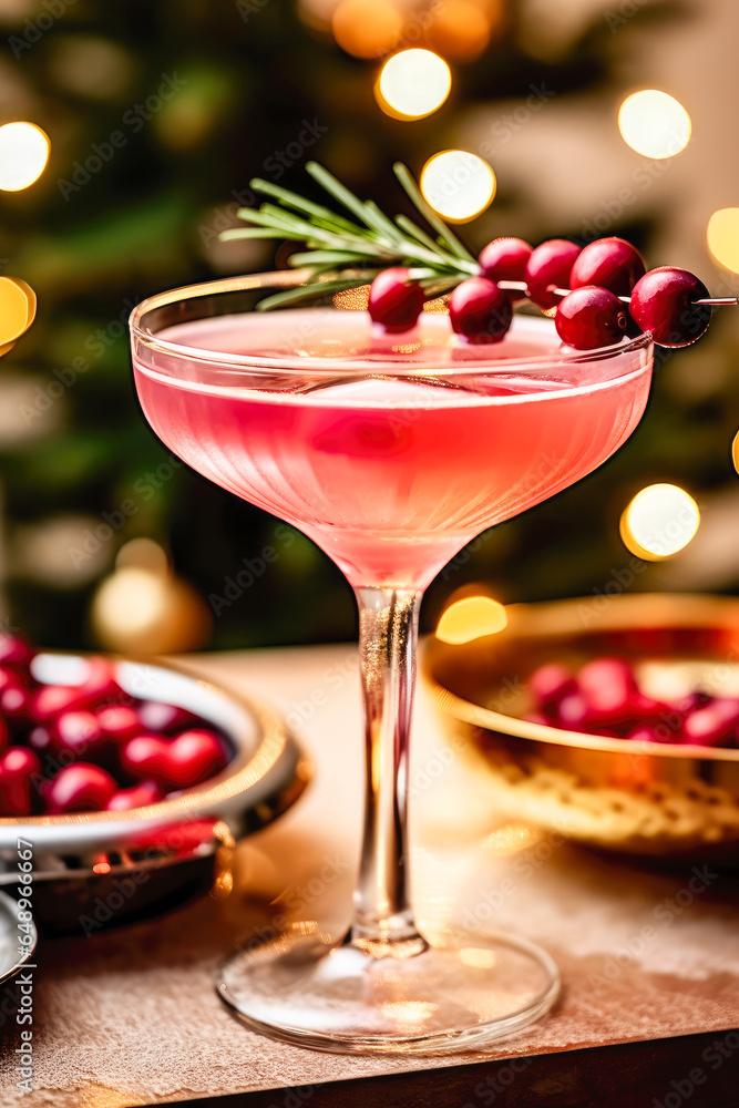 Festive cocktail in beautiful glass, garnish with rosemary and cranberries against blurred Christmas tree. Christmas concept. Festive cocktail in beautiful glass, garnish with rosemary and cranberries against blurred Christmas tree. Christmas concept.