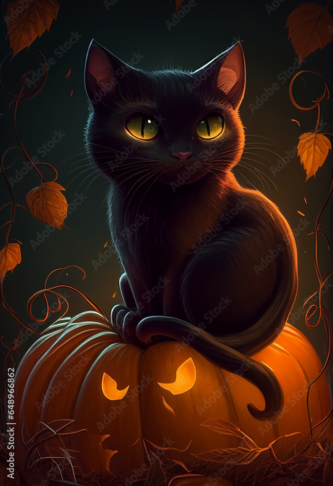 Black cat sits on pumpkins. AI Generated Black cat sits on pumpkins. AI Generated