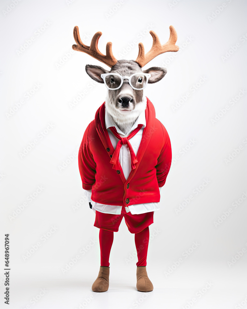 Ein cooles und lustiges Rentier, das als Weihnachtsmann verkleidet ist, trägt eine rote Jacke, braune Schuhe, ein weißes Hemd und eine Brille, isoliert vor einem weißen Hintergrund - obrazy, fototapety, plakaty 