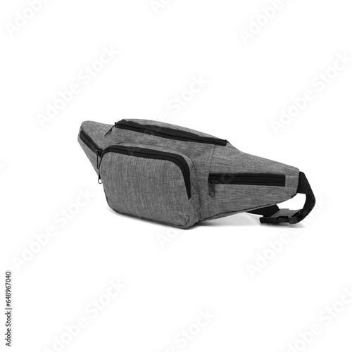 Fashion unisex business Waist Belt Grey Business Office Banana Bag bumbag with zipper for men on isolated White Background in side, mock up. clipping path included.