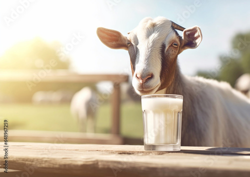 Glass of natural healthy milk and goat on small farm with green grass landscape.Macro.AI Generative