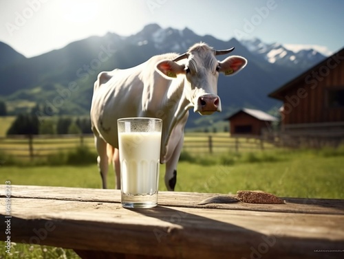Glass of natural healthy milk and white cow on small farm with green grass and mountains landscape.Macro.AI Generative