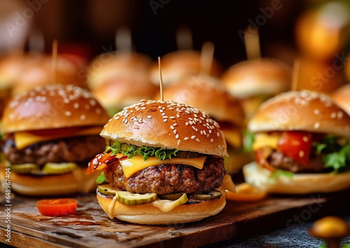 Mini burgers with vegetables cheese and tomato sauce on wooden table.Macro.AI Generative