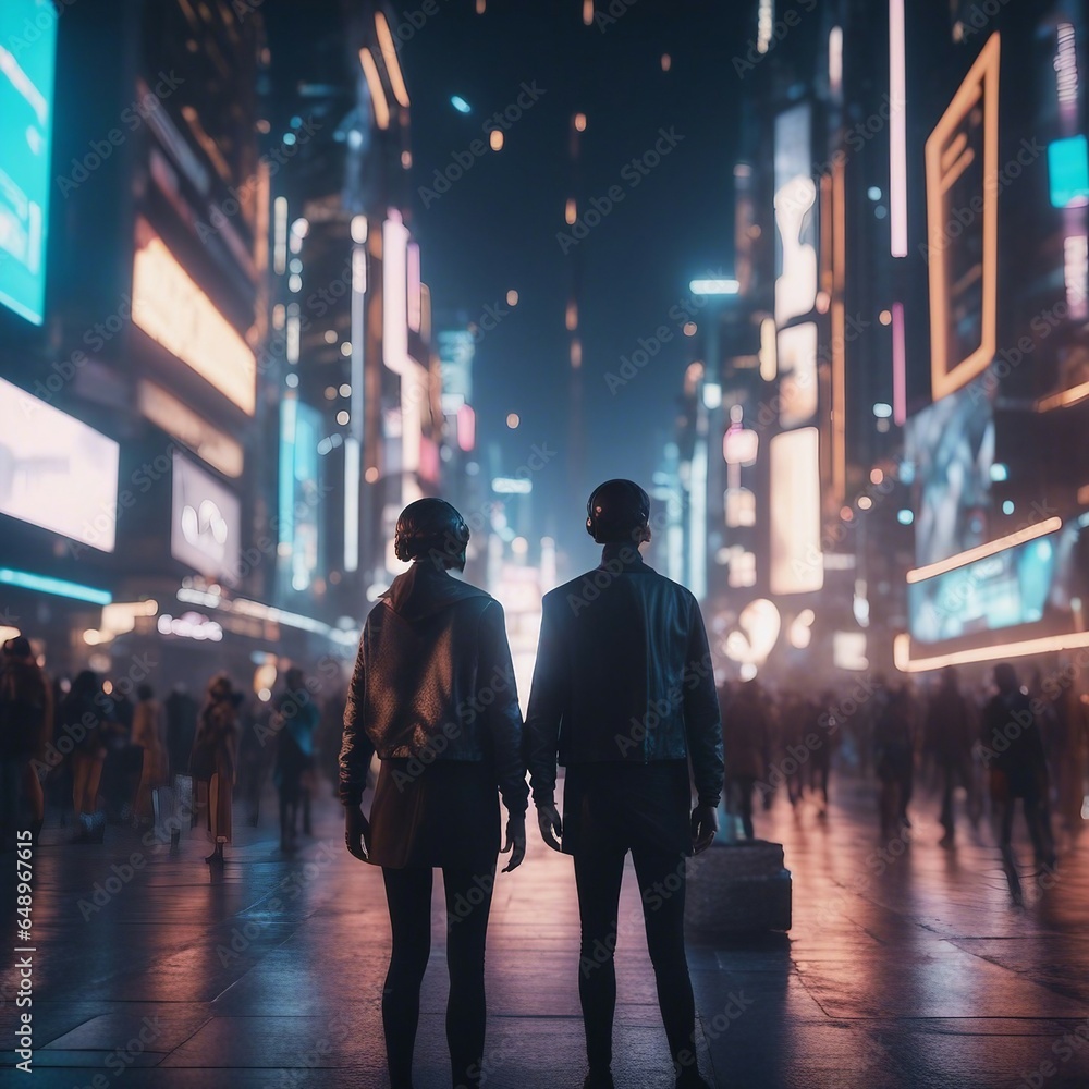 Futuristic metaverse where AI avatars interact with humans in a bustling digital cityscape