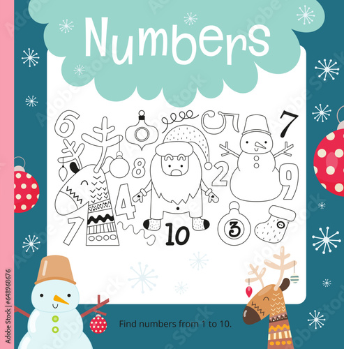 Christmas math activities for kids. Find numbers from 1 to 10. Vector illustration.