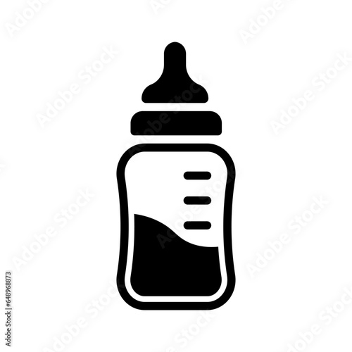 Baby bottle with nipple icon. Glass container with division and liquid for feeding babies and plastic utensils for dosed sports and medicinal vector techniques