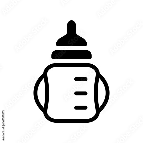 Baby sippy bottle with nipple icon. Wide container with division and liquid for feeding babies and plastic utensils for dosed sports and medicinal vector techniques