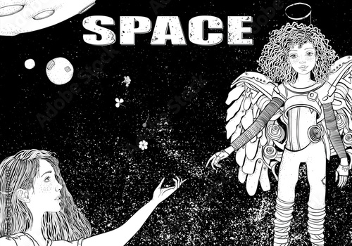 Black And White Coloring Book Page For Adult. Two space girls in space. Angel and human girl. Coloring book page for adults. The human hand reaches for the robot's hand. Zentangle background.