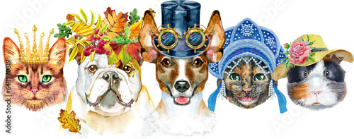 Border from watercolor portraits of dogs, guinea pig and cats