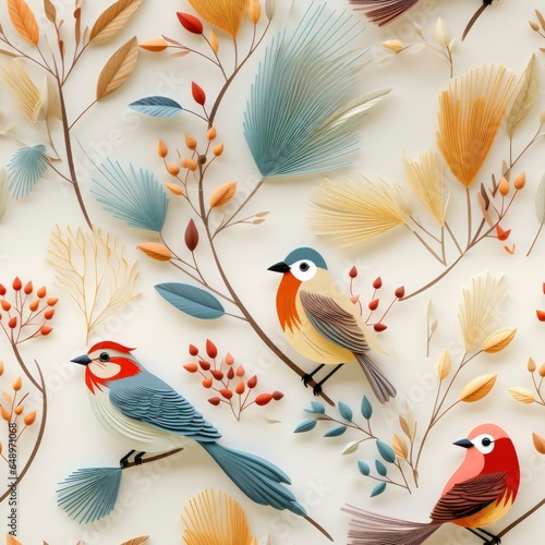  Photo of a beautiful watercolor seamless repeating pattern of birds on branches