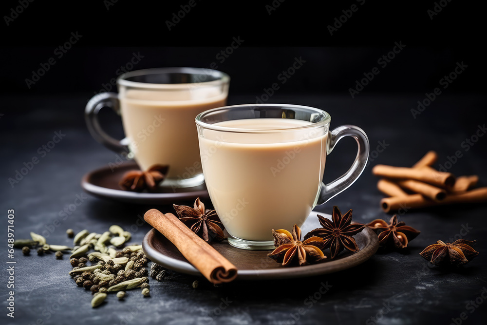 Indian Masala Chai tea. Spiced tea with milk and spices on dark background. Indian Masala Chai tea. Spiced tea with milk and spices on dark background.