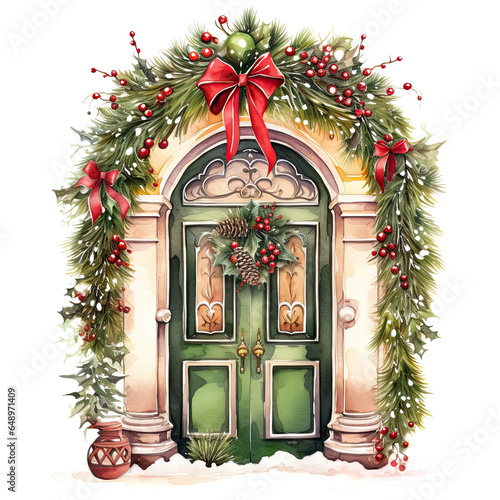 watercolor Christmas door decorated, Christmas Theme, dark red and light green , Christmas elements ,cut out transparent isolated on white background ,PNG file ,artwork graphic design illustration. © HappyTime 17