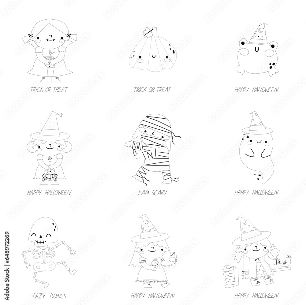 Fototapeta premium Halloween coloring page for kids. Cartoon children in Halloween costumes. Cute children, witch, dracula, pumpkin, bat, mummy, frog,ghost, skeleton