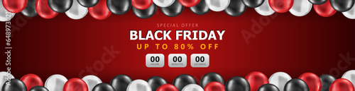 Red panoramic banner with plenty of 3d glossy balloons and sales countdown for Black Friday advertising. Header with discount timer, wide promotional poster for shopping super sale