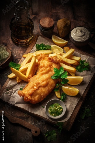 Classic British Fish and Chips in Rustic Kitchen