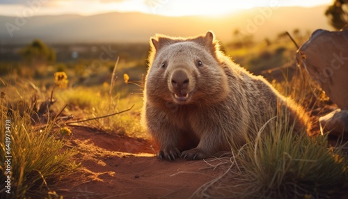 Photo of a majestic brown wombat standing in a vast dirt field photo
