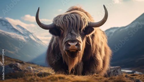 Photo of a majestic brown bull yak standing proudly in a lush green field
